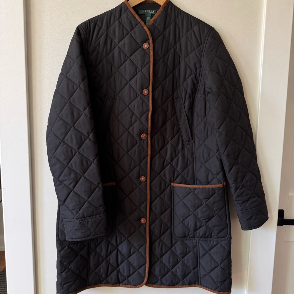Black Quilted Coat with Brown Trim